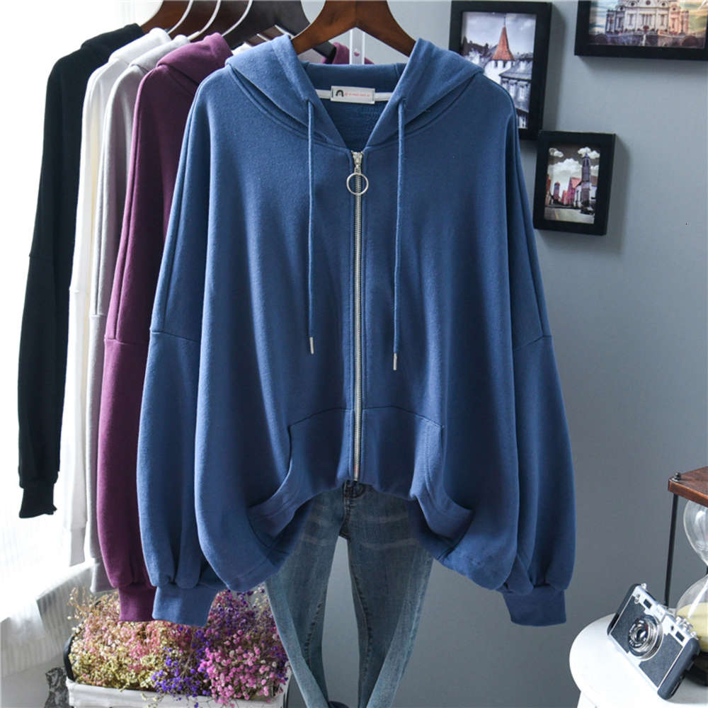 

Zipper coat loose casual sports hooded cardigan sweater simple college style Korean fashion women's autumn, Black