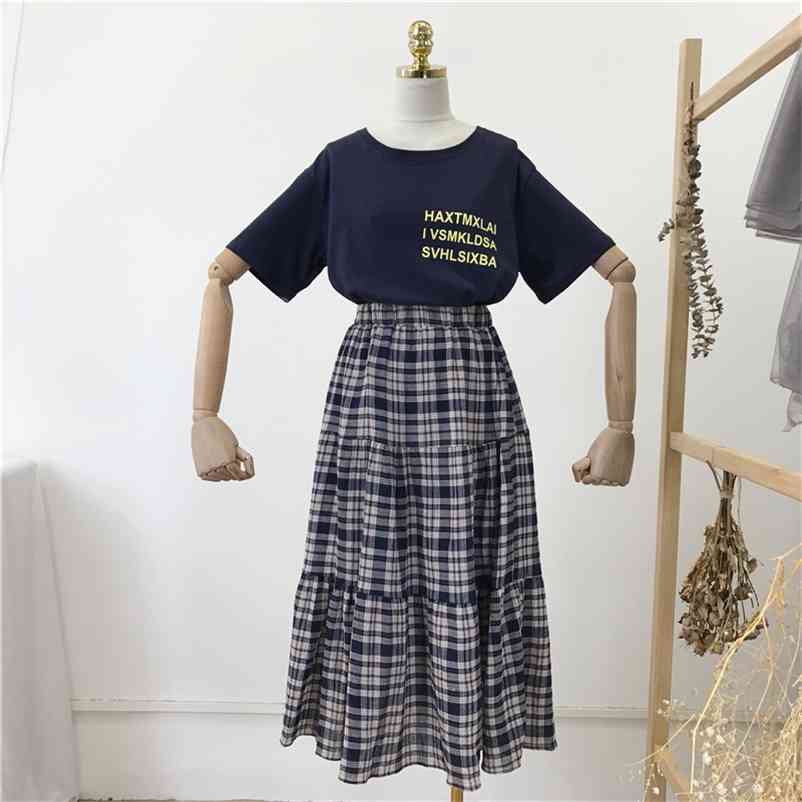 

Summer Women Fashion O Neck Letter T-shirt + Elastic Waist Plaid Skirt 2 pcs sets Female Causal suits A1739 210519, Gray