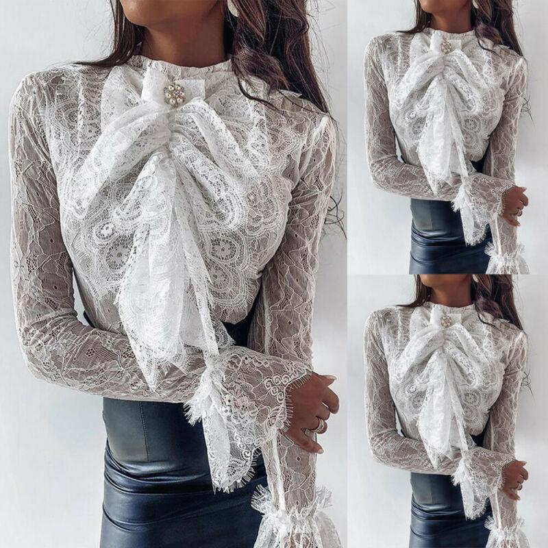 

Brand Gothic Women Lace Bowknot Blouse Office Ladies Elegant Ruffle Solid White Shirt Loose Female Clothing Women' Blouses & Shirts