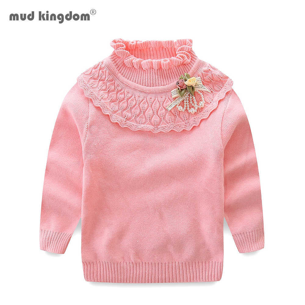 

Mudkingdom Girls Sweaters Ruffled Turtleneck 3D Flower Tops Clothes 210615, Black