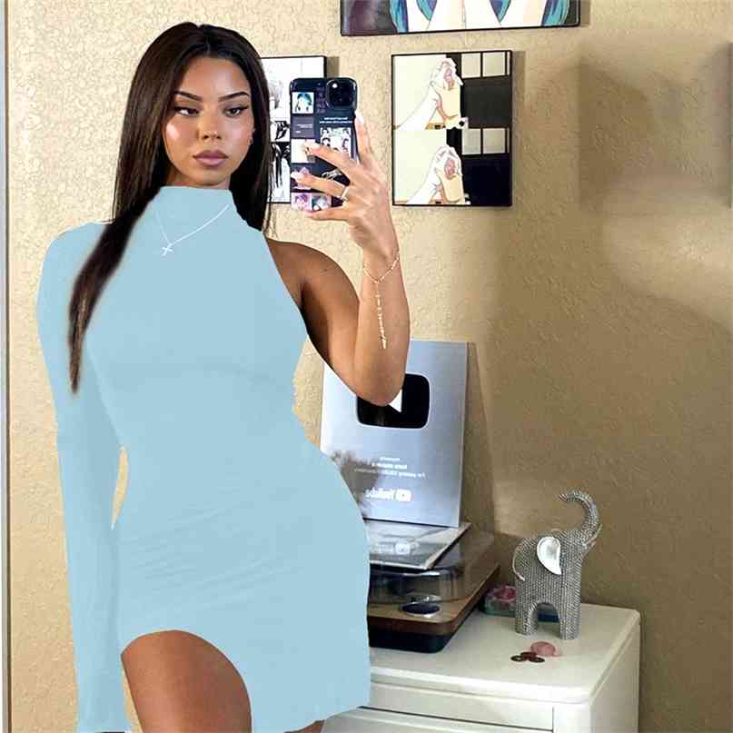 

One Shoulder Long Sleeve Women Bodycon Party Dresses Side Slit Autumn Fashion Sexy Skinny Clubwear Mini Dress Solid 210607, Brown