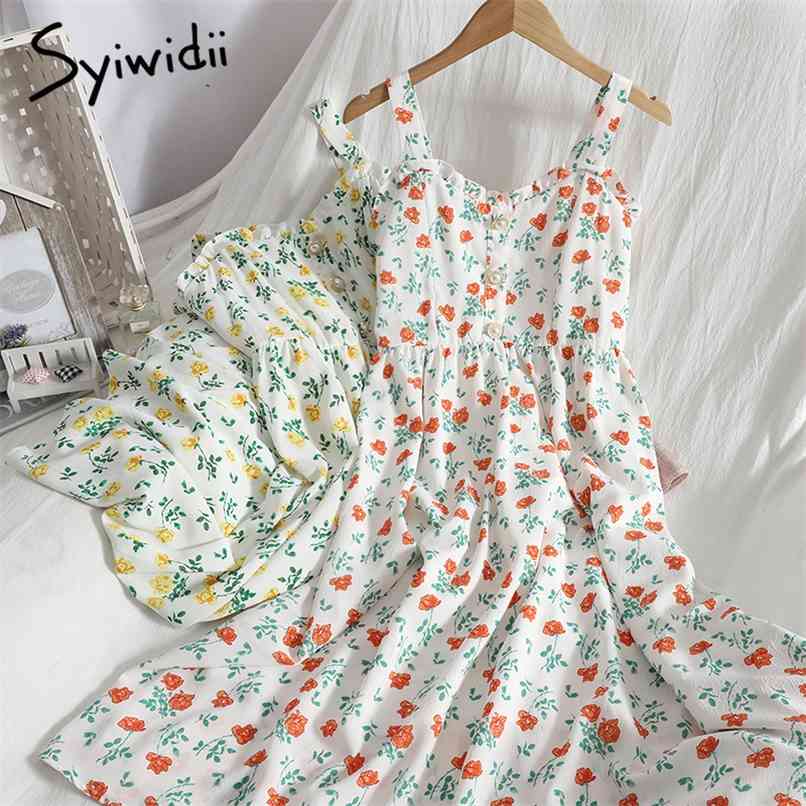 

Boho Floral Print Sexy Spaghetti Strap Dresses for Women A-line Ruffles Summer Beach Midi Dress Blue Yellow Purple 210607