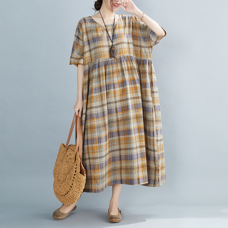 

Johnature Vintage Plaid Ankle-length Summer Dresses Casual O-Neck Short Sleeve Loose Women Dresses 210521, Yellow
