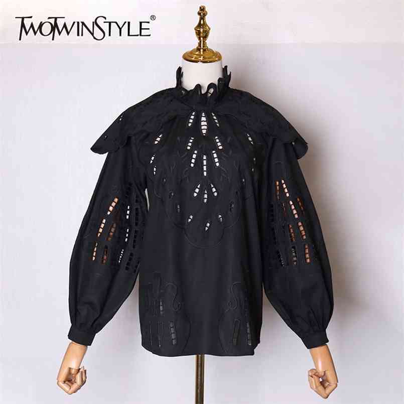 

White Hollow Out Shirt For Women Stand Collar Lantern Sleeve Casual Solid Blouse Female Spring Fashion Clothes 210524, Black