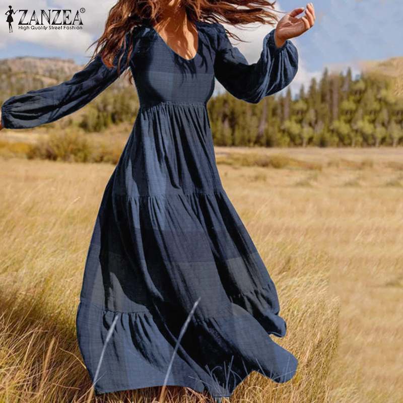 

Womens Autumn Sundress ZANZEA 2021 Fashion Ruffle Maxi Dress Casual Puff Sleeve Tunic Vestidos Plaid Print Robe Plus Size -5XL, Blue