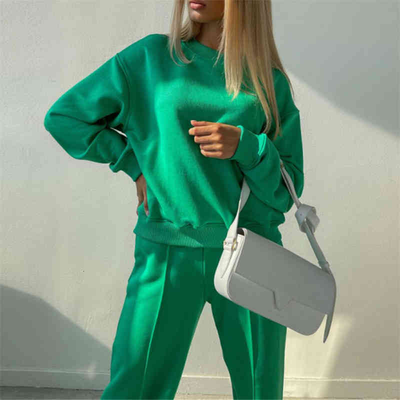 

women's two piece pants women green sports suit long sleeve round neck loose sweatshirt elastic wide leg two-piece fashion pi, White