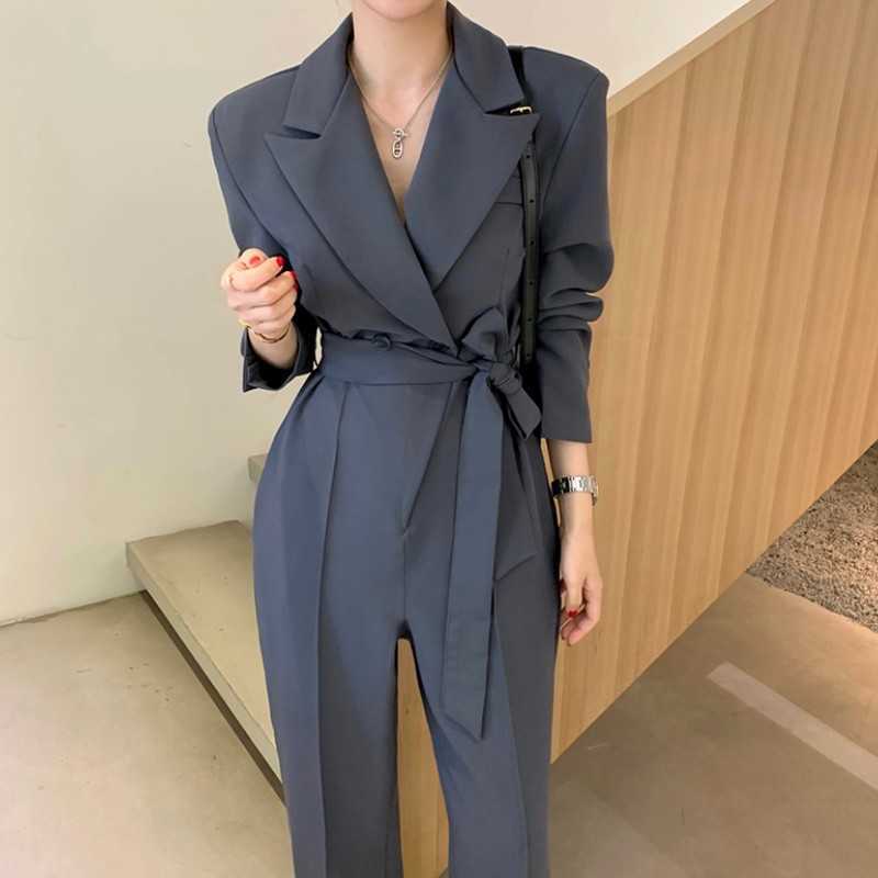 

Elegant Notched Collar Double Breasted Playsuits Long Pants Chic Sashes Office OL High Waist Slim Retro Jumpsuit Women 210526, Gray