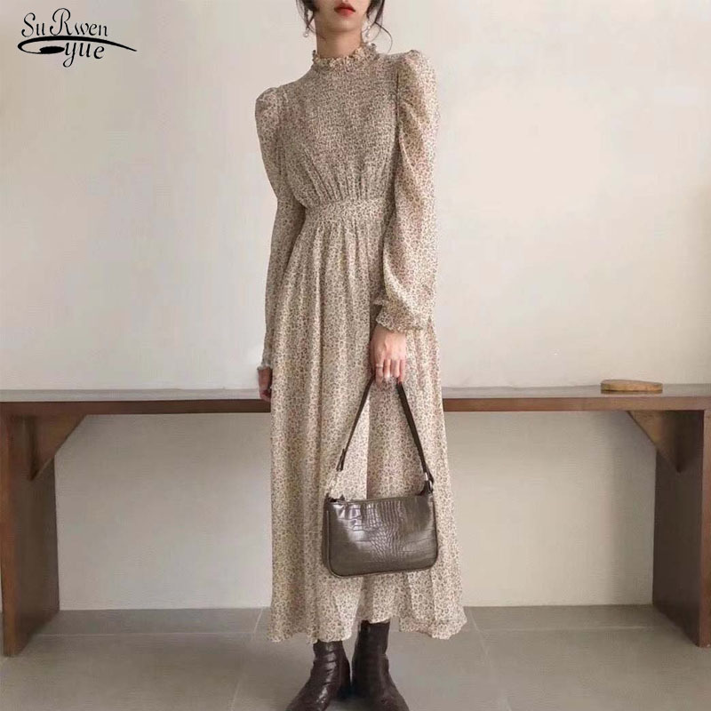 

Vintage Stand Collar Ruched Sleeve A-line Dress Women Floral Print Elastic Waist Female Spring Vestidos Femme 11453 210521, Apricot