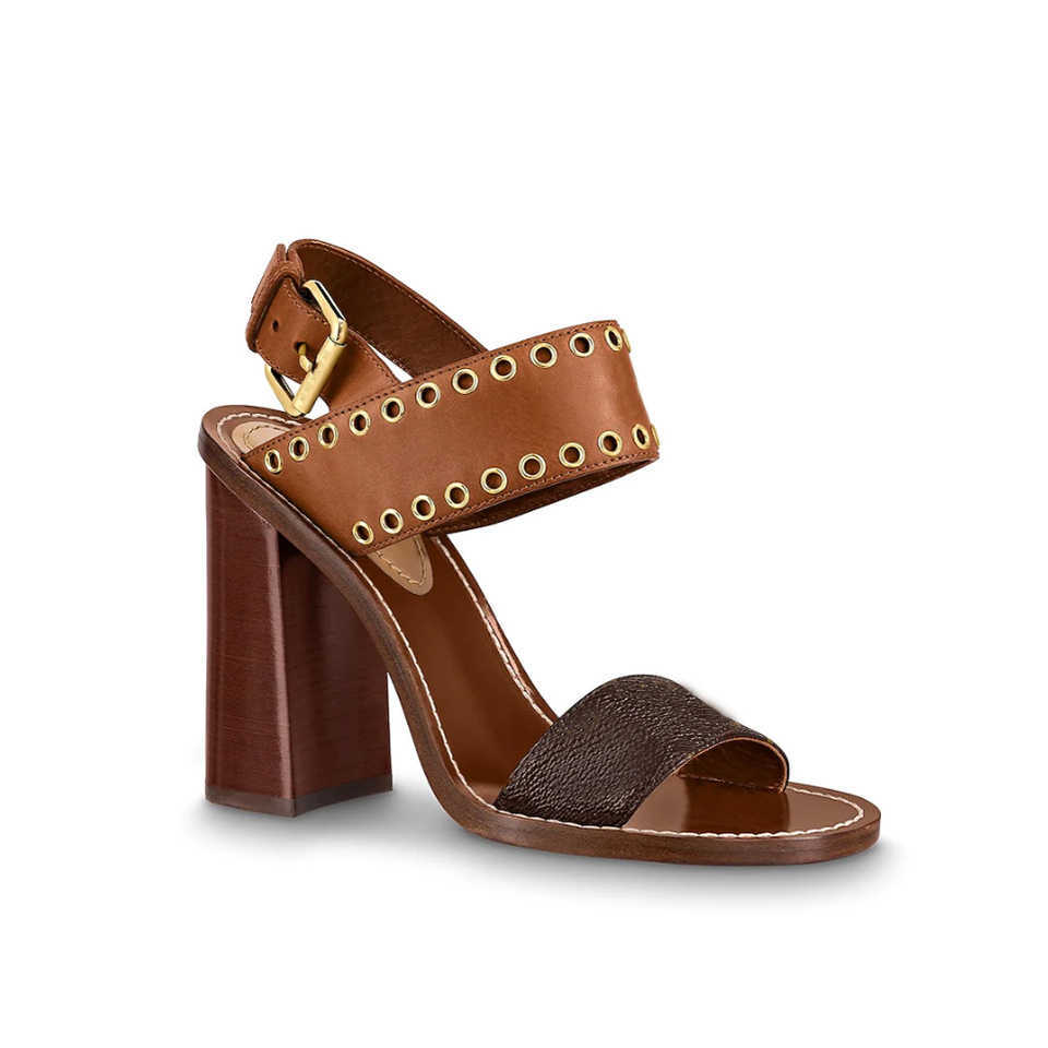 

9.5cm women lady girl calf leather outsole Cognac Brown chunky high block heel ankle strap buckle Studded Passenger sandal shoes, Brown flower print