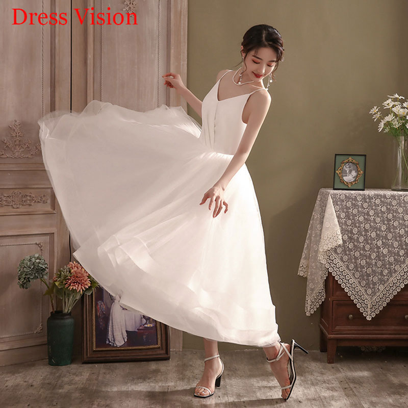

Simple Sexy V-neck Tea-length Wedding Dresses Robe De Marie Bride To Be Bride Gown Vestido De Novia suknia lubna, White