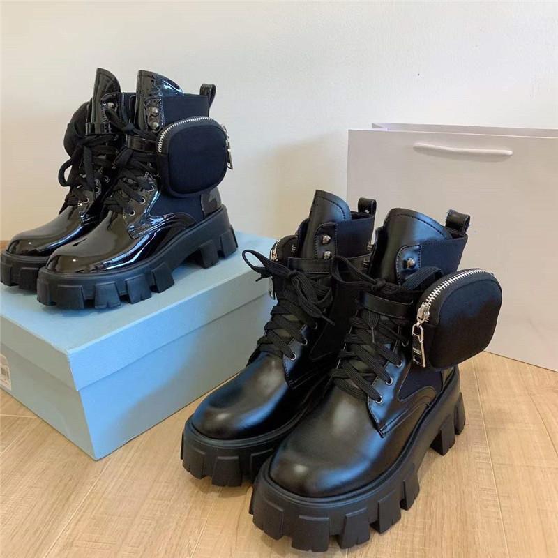 

2021 Designer Ladies Rois Platform Short Boots Black Classic Combat Martin Stiefel Non slip Winter Shoes Nylon Pouch Ankle Snow bottes 35-42, Black bright noodle