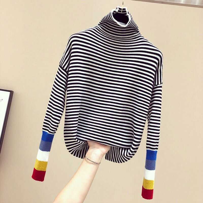 

casual thick Autumn Winter colorful Striped Sweater pullovers Women turtleneck Long Sleeve oversized sweater high Elasticity top 210604, White