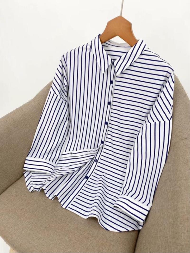 

Women Turn-down Collar Blouse Lady Stripes Long Sleeve Shirt Single-breasted Blouses And Tops Women's & Shirts, B orange