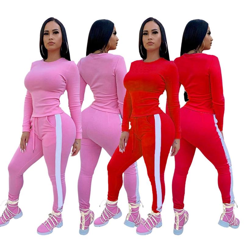 

Women's Two Piece Pants Women 2 Pcs Sets Tracksuit Patchwork O Neck Long Sleeve T Shirt + High Waist Stripe Trim Pant Casual Sporty Outfits, White