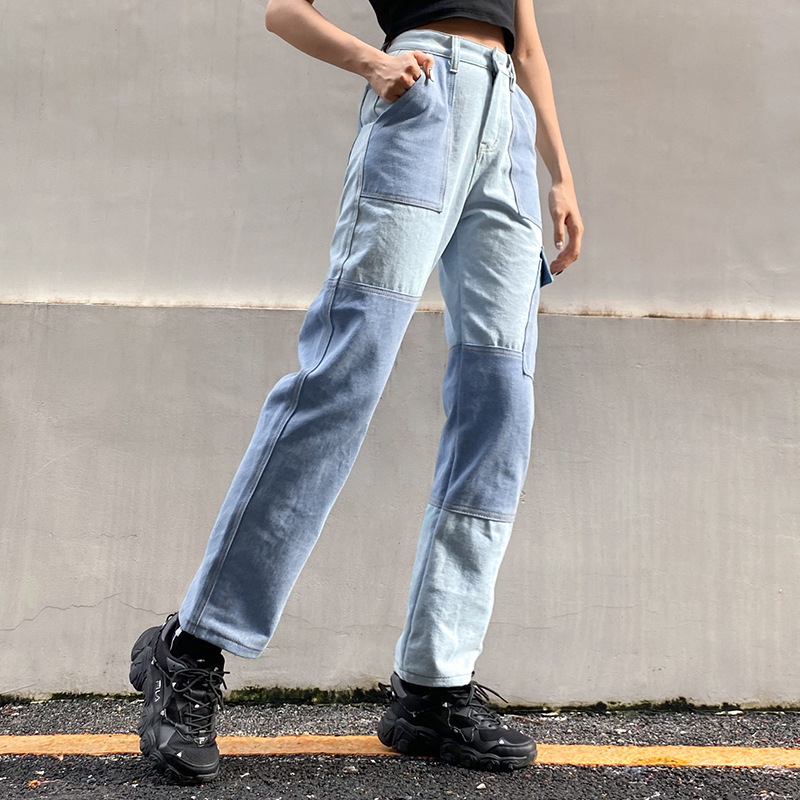 

Patchwork Straight Leg Jeans Woman High Waist Denim Trousers Sexy Color Block Vintage Blue Brown Streetwear Pants 210524