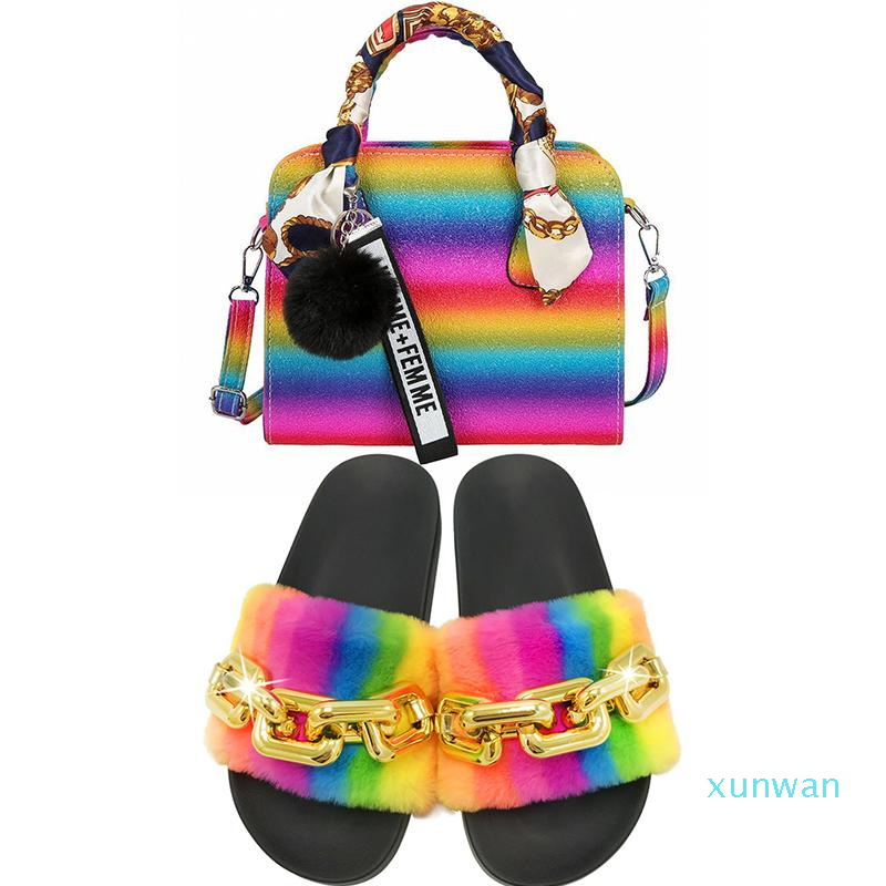 

Slippers Rainbow Chain Faux Fur Purse Set Fluffy Sandals Slides And Handbag Fashion Shoes Zapatillas De Mujer, Furry slippers