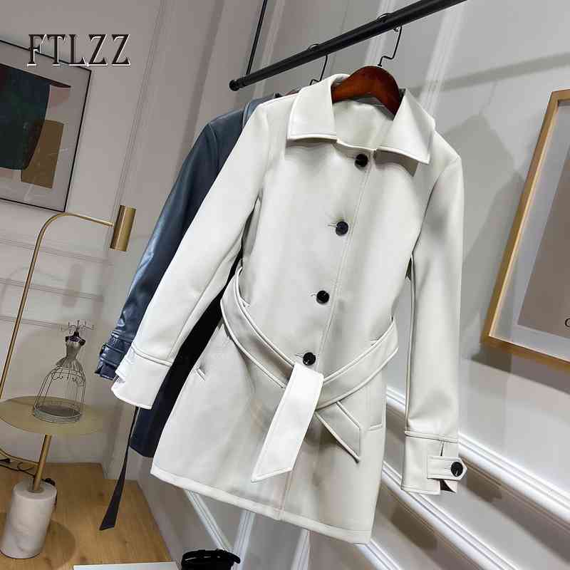 

Women Faux Leather Jacket Spring Autumn Slim With Belt Bandage Coat Ladies Single Breasted Streetwear Long 210602