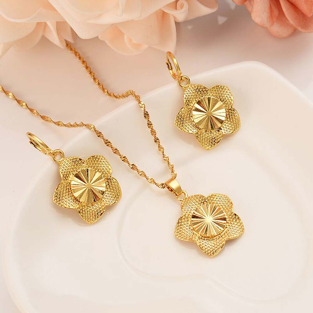 9 k thick solid G/F Gold african Bride's Flower Pendant earrings Statement Necklace Jewelry Sets women girls party-image-677397124