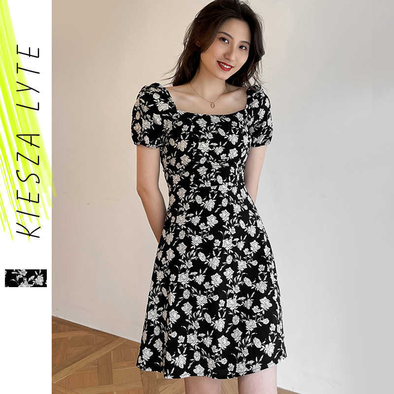 

Boho Style Dress Summer French Vintage Square Neck Split Fairy Floral Mini Dresses Women Vestidos de verano 210608