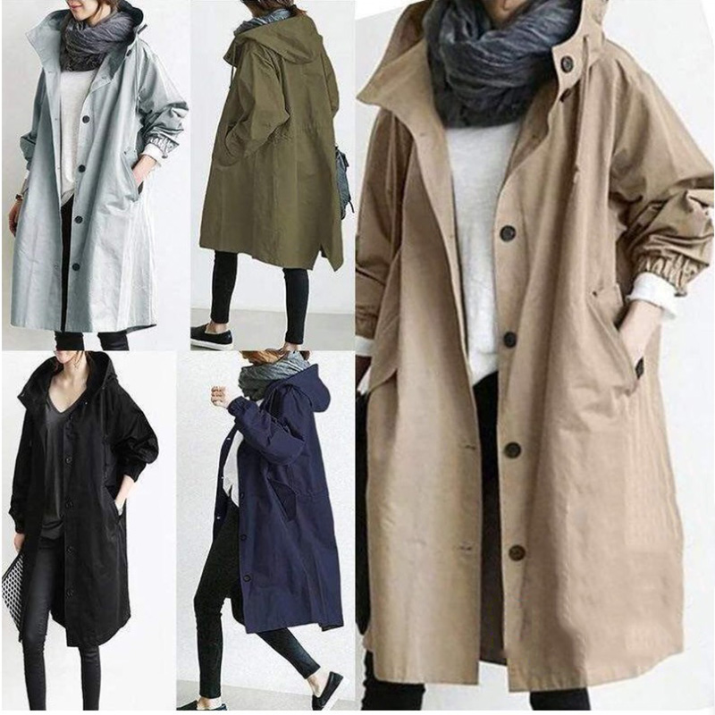

Designer Women Coat Autumn Solid Color Pocket Hooded Windbreaker Long Trench Coat Office Lady Casual Fashion Outerwear Cloak Fe, Black