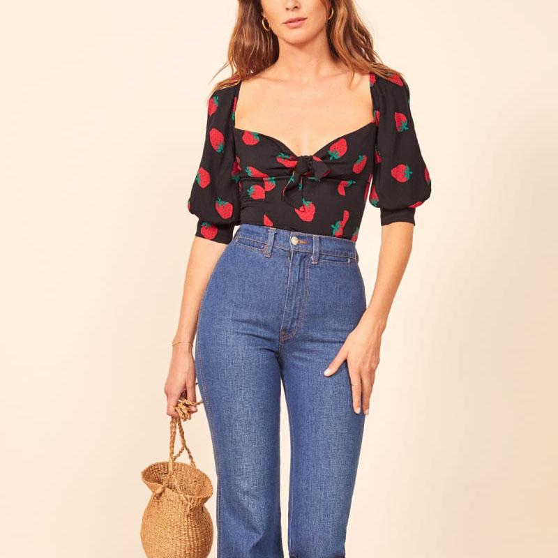 

Women' Blouses & Shirts Summer Casual Fruit Print Square Neck Short-sleeved Bow-knot Decorated Slim-fit Shirt, Black