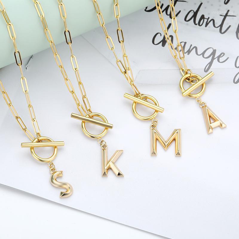 

Chains Toggle Clasp OT Buckle Capital Letter Initial Necklace For Women A-Z Alphabet Pendant Necklaces Thick Hip Hop Pin Chain Jewelry