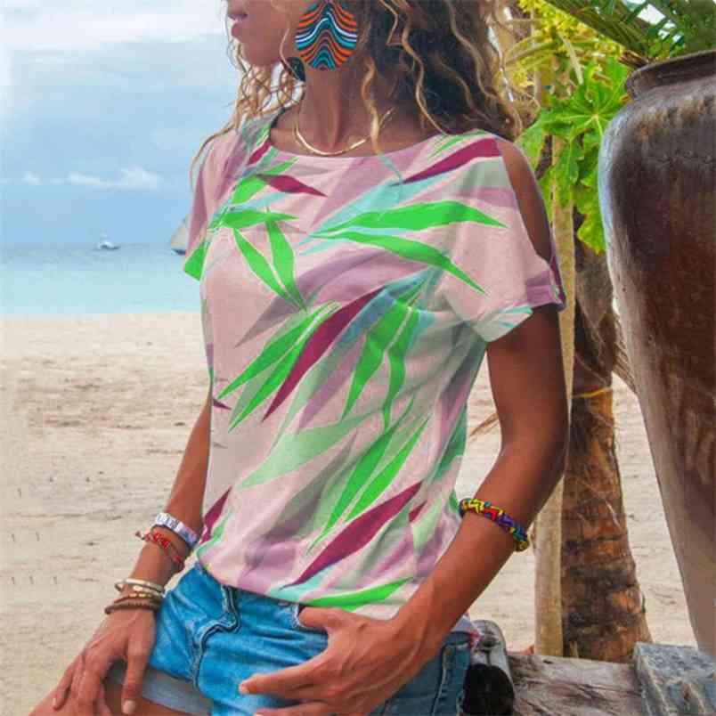 

Women Summer Tshirt Casual Short Sleeve Tops Tees Sexy Off Shoulder Leaf Print T-Shirt O-neck Loose Plus Size 3XL Tshirts 210517, Blue