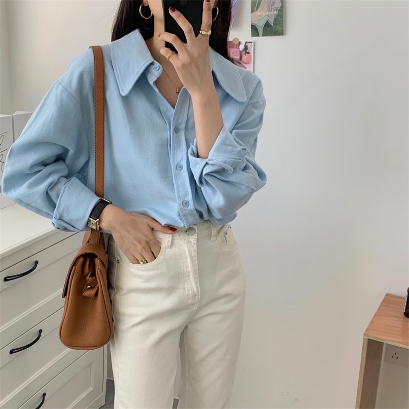 

Women Solid Loose Chic Gentle French Long Sleeves Turn-down Collar Elegance Blouse Female Shirts Tops 210525, White