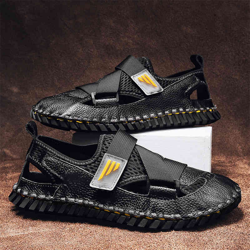 

Slippers top leather sandals men's summer beach shoes mesh breathable hand stitched large X7PC, 1# shoe box