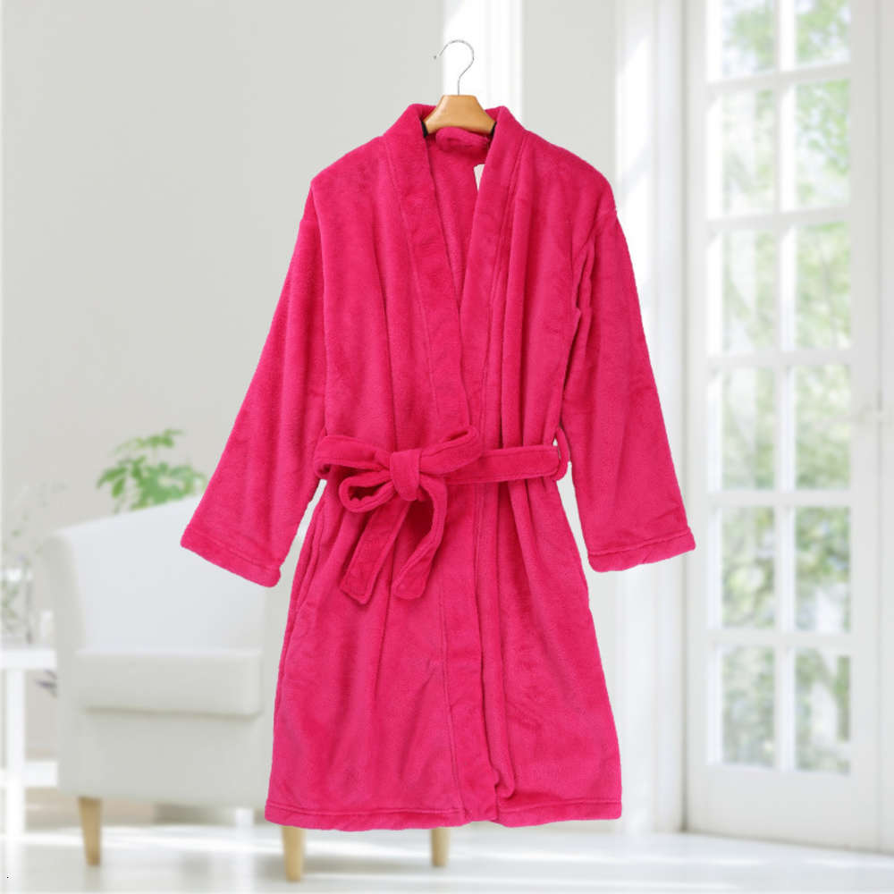

Rose red bathrobe medium length pajamas coral velvet warm home