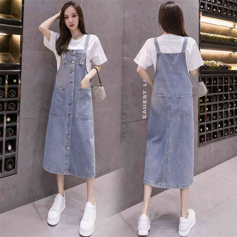 

Jeans Dress Single Breasted Big Pockets Summer Midi Womens Denim Sundress Plus Size Ladies Loose Blue Suspender  210604