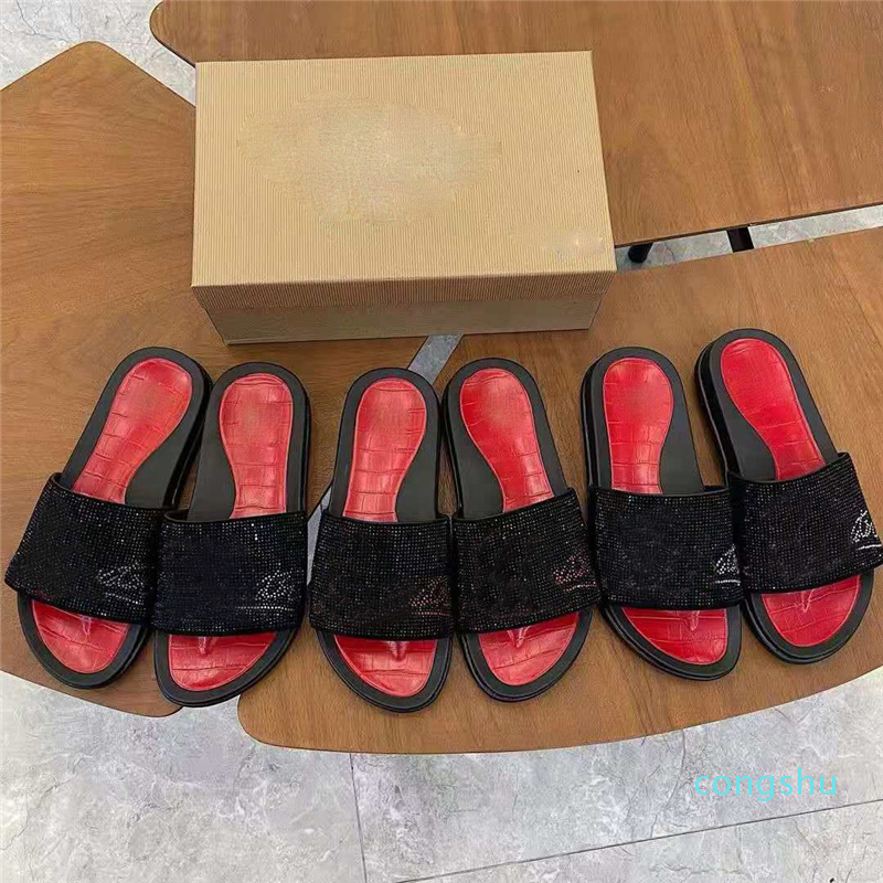Designers Fond Red Fond Soupeaux Sandales en daim Rivet Sandales Mens Femmes Slimures imprimées Chaussures plates Été Volide à bord de Flip Laser