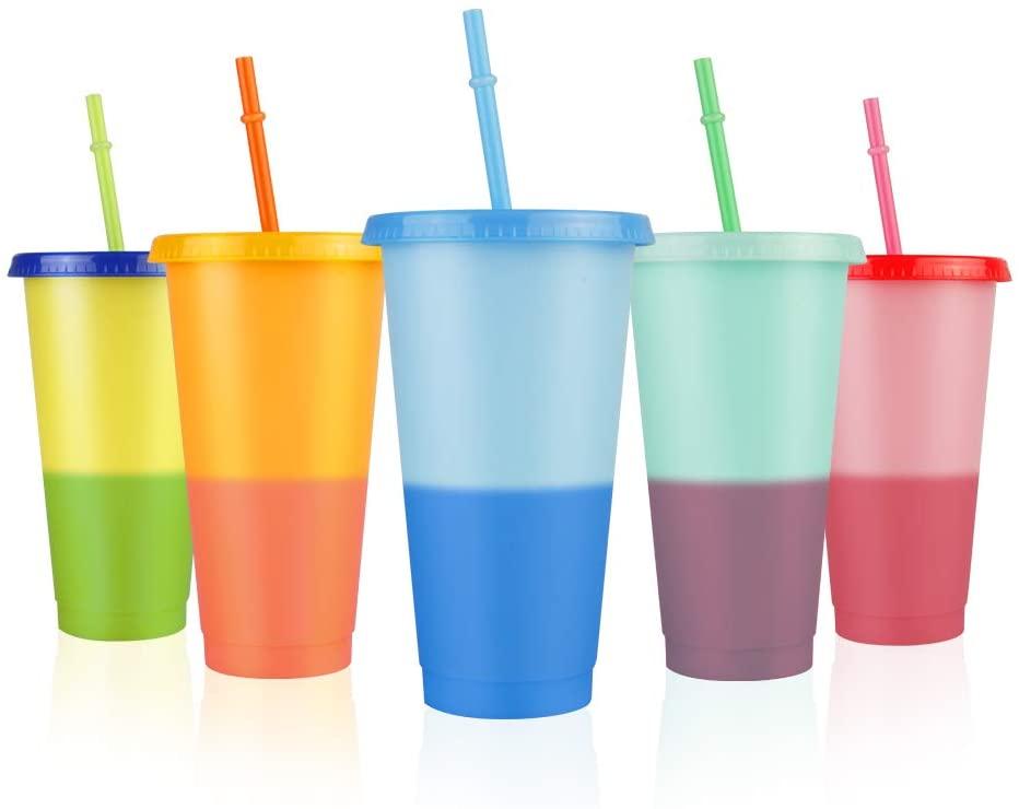 

24oz Color Changing Cups with Straw Set Cold Drink Cup Discoloration Drinking Tumblers Lid Summer Iced Coffee Drinkware