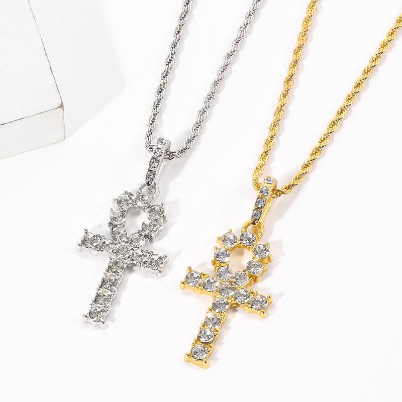 

Pendant Necklaces Cross Necklace Women Men Religious Jewelry Gold Silver Color Bling Crystal Ankh Shape Christian Accessories Gift