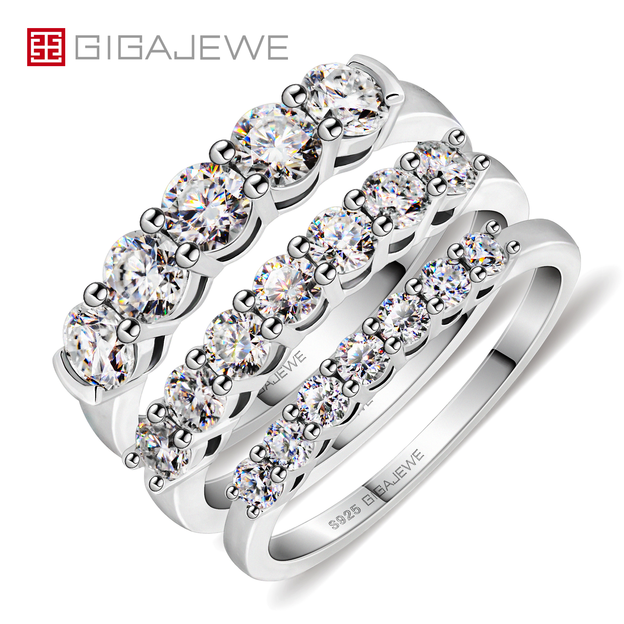 

GIGAJEWE Christmas Gift Total 0.3/0.7/1.5/ct 2.3/3/4mm Round Cut Ring D VVS1 Moissanite 925 Silver Rings GMSR-028