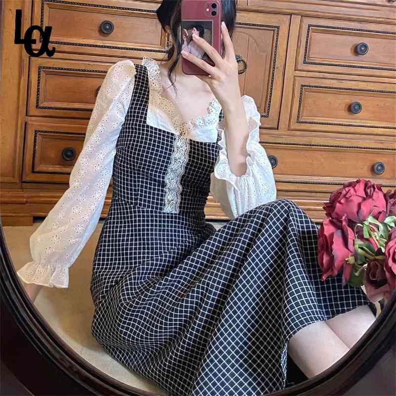 

French Vintage Dress Women Casual Elegant Plaid Midi Sweet Party Long Sleeve Lace Korean Autumn 210519, As picture