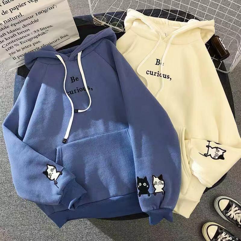 

hoodies Harajuku Cat Printed Long Sleeve Hoodies Women Winter Autumn Plush Fleece Hooded Sweatshirt Cute Plus Size Pockets Pullover Tops, Yellow