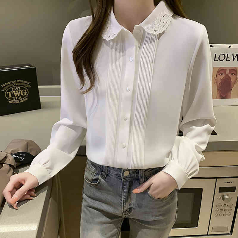 

Vintage Blouse Women Lady Long Sleeves Female Spring Turn Down Collar Chiffon White Shirt top 660G 210420