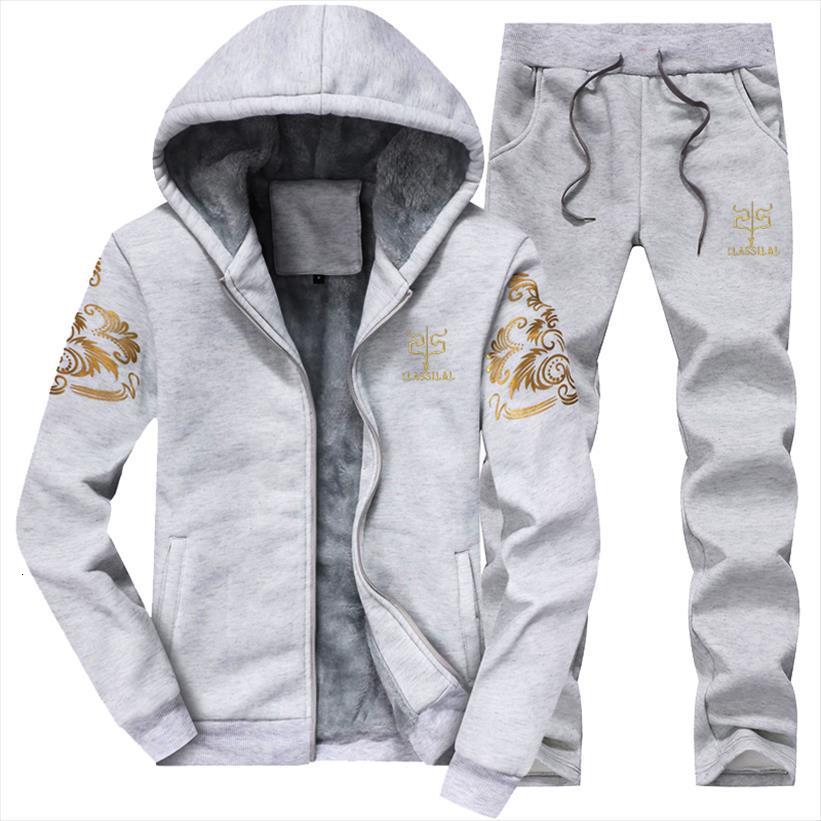 

classic plus velvet set size mens tracksuit 4xl autumn and winter casual print hooded jacket pants, Gray
