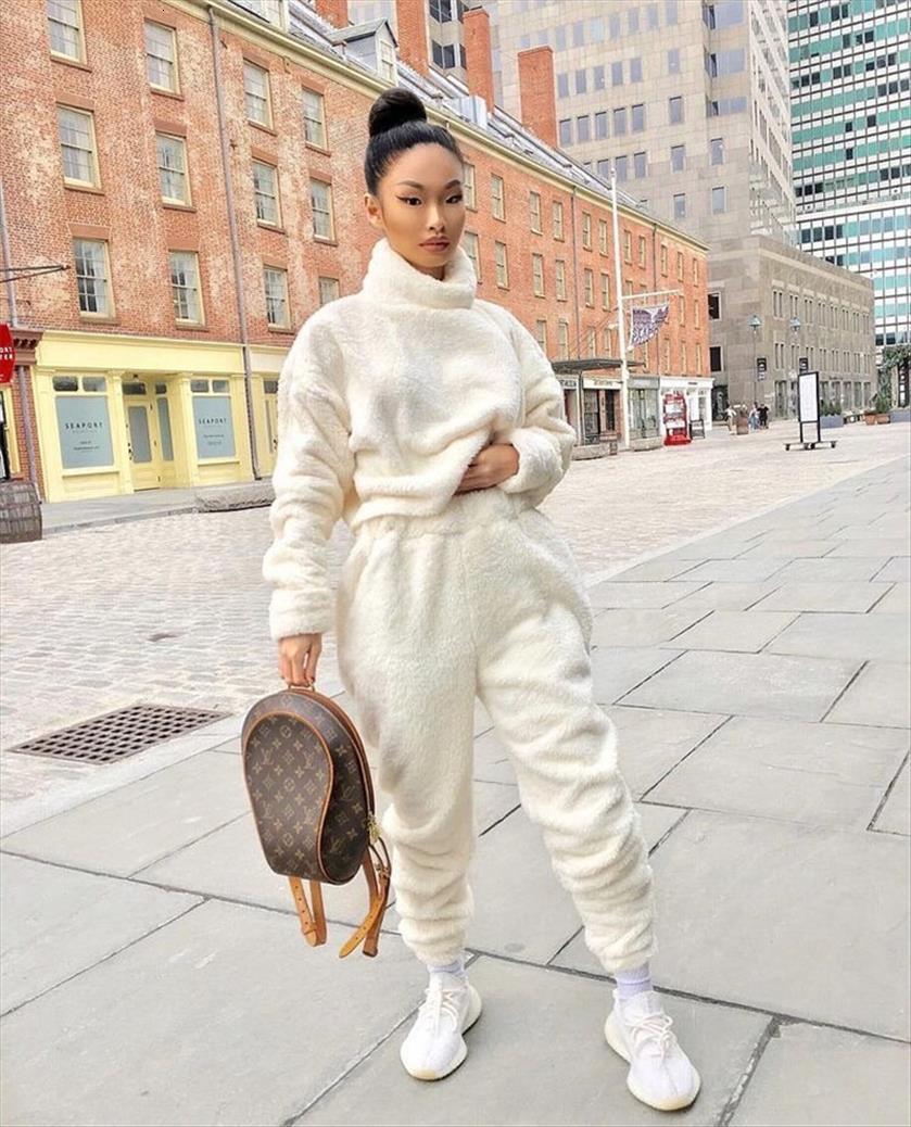 

fuzzy fleece two piece womenpant set fashion turtleneck long sleeve and pants winter solid outfit sweat suits women matching, White