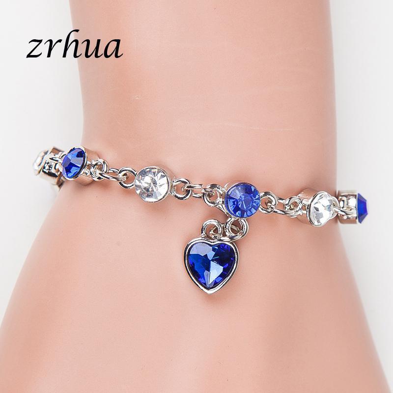 

Antique Silver Color Charm Bracelet & Bangle Elegant Heart Crystal Women Wedding Jewelry Sparkly Blue Cubic Zircon Bijoux Link, Chain, Black