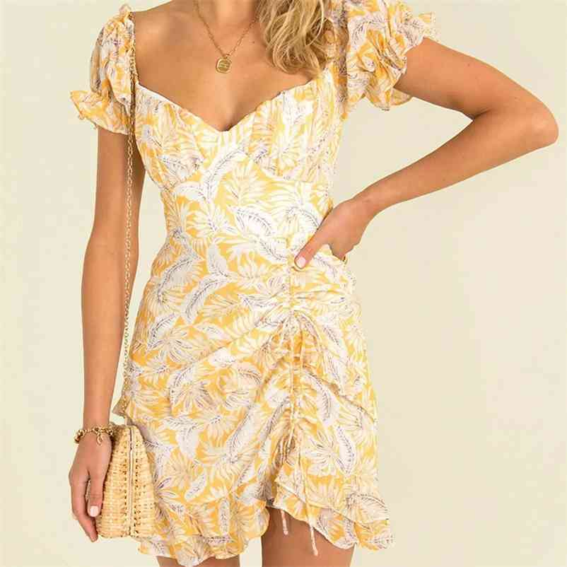 

women dress Square Neck Puff Sleeve Printed Dress with Smocked Hem Asymmetrical Mini 210524, Yellow