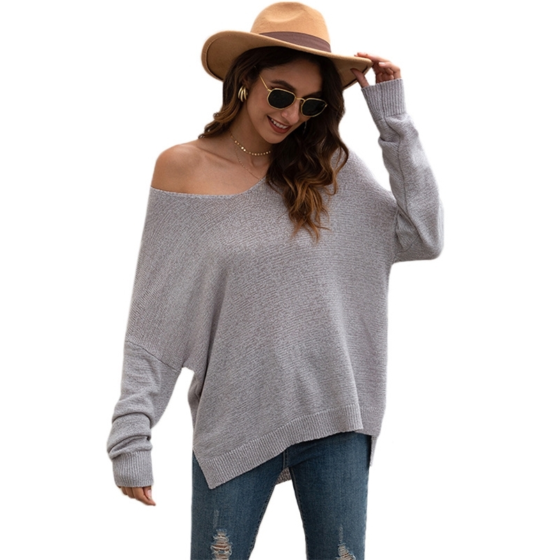 

Autumn Winter Thin Section Long Sleeve V-neck Knitted Sweater Ladies Loose Off-Shoulder Vent Pullover Women Grey Kobieta Swetry 210604, Gray