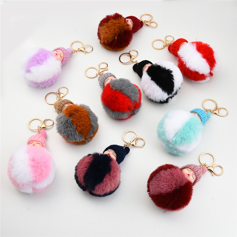 

Sleeping Baby Doll Key Rings 8cm Pompom Rabbit Fur Ball Keychain Women Bag Keyfobs Pendant Fashion Colorful Fluffy Keyring Kimter-P49FA