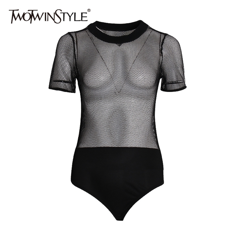 

Perspective Hollow Out Women's Jumpsuits O Neck Short Sleeve High Waist Sexy Party Jumpsuit Female Summer 210521, Black