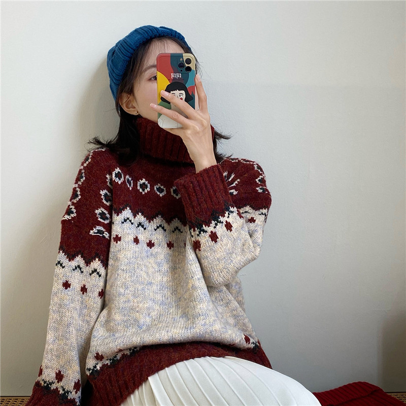 

Fashion Autumn Winter High Neck Thick Knitted Tops Red Christmas Series Oversized Retro Lazy Wind Chic Sweater Women 210520