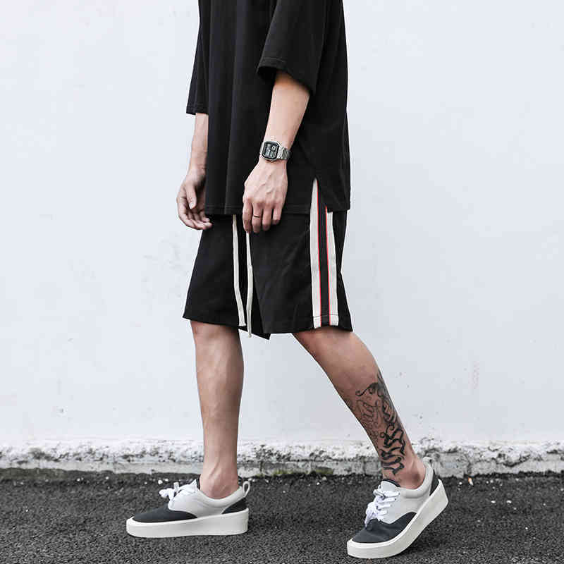 

High Street Side Strip Breathable Sport Shorts Mens Elastic Waist Color Block Oversize Casual Knee Length Pants, Black