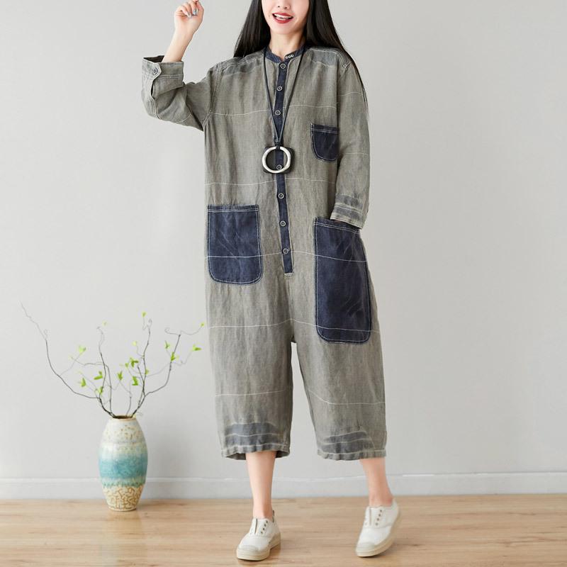 

Women's Jumpsuits & Rompers Summer Seven Round Collar Bigger Sizes Show Thin Cotton And Linen Personality Do Old Trousers, Gray
