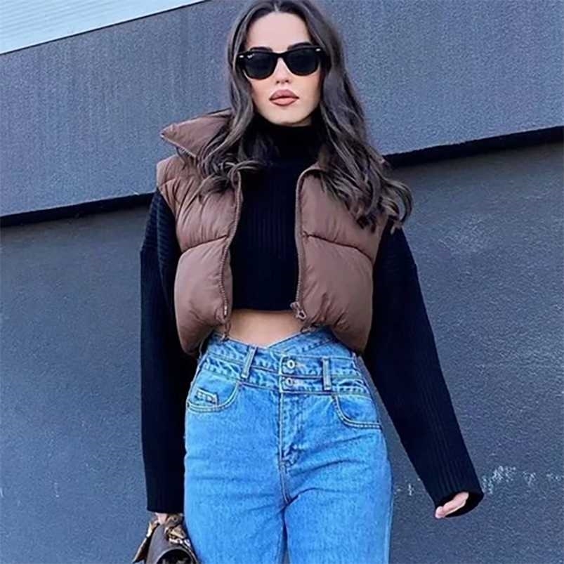 

Merodi Women Casual High Collar Za Coffee Color Short Parkas Outwear Chic Lady Fashion Zippers Sleeveless Jackets Vest 211109