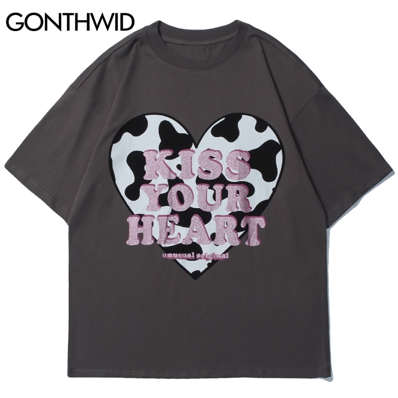 

Tshirts Harajuku Kiss Your Heart Print Short Sleeve T-Shirts Streetwear Fashion Summer Hip Hop Casual Cotton Tees Tops 210602, Black